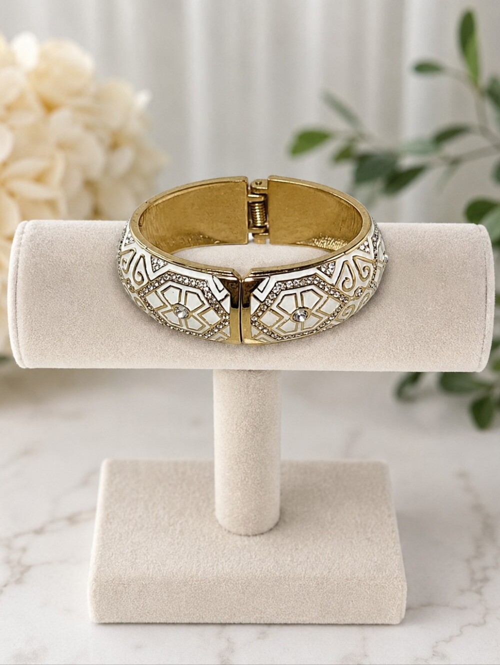 Banana Republic Gold-Tone Enamel & Rhinestone Hinged Bangle Bracelet 2"